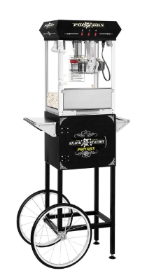 Black 8oz Snack Station popcorn machine with cart - front view with popcorn