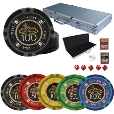 Las Vegas poker chips set 500 pieces with aluminum case cards dice and dealer button